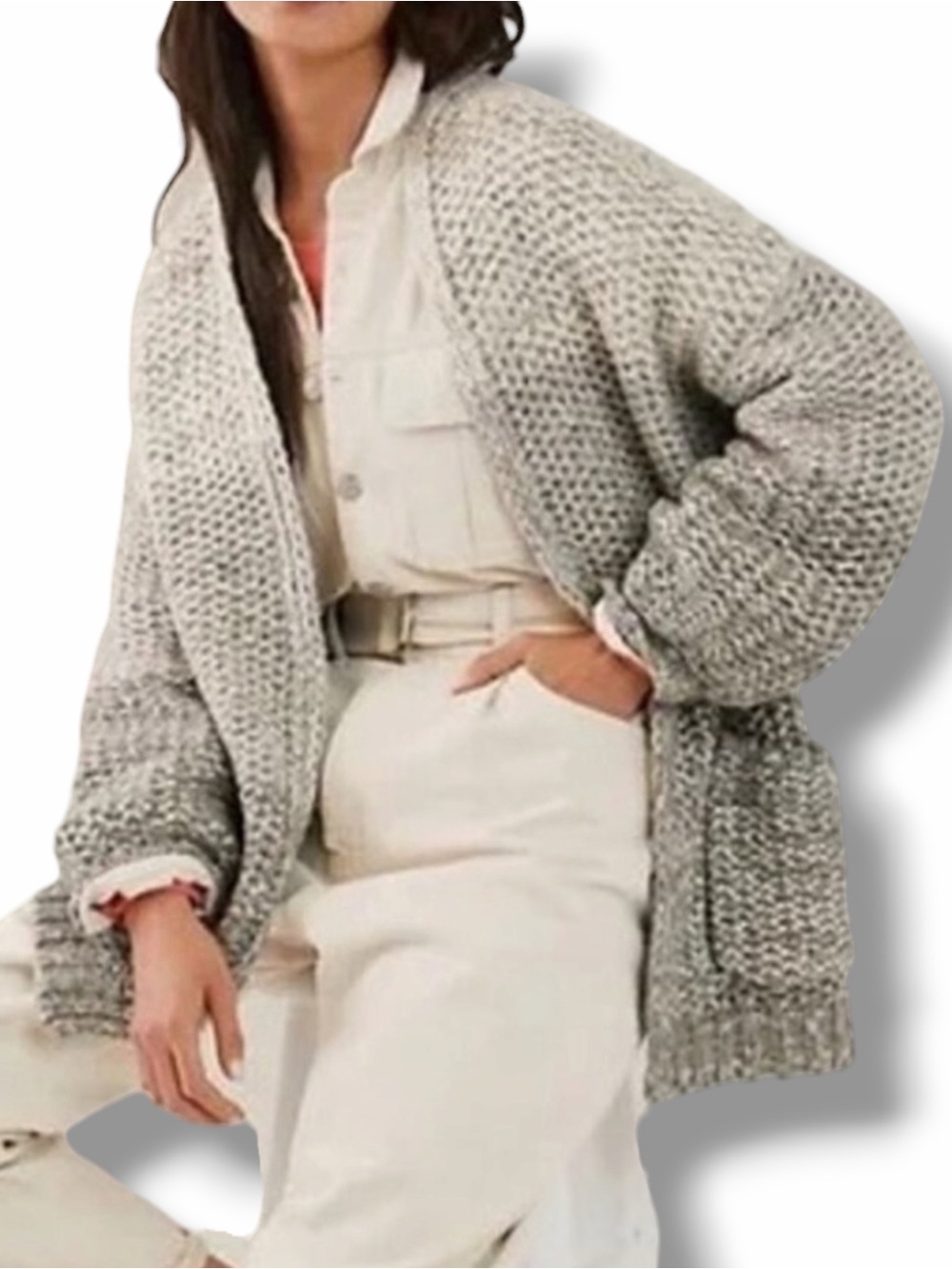 Maeve by Anthropologie Persephone Ombre Cardigan Medium Gray Chunky Knit
